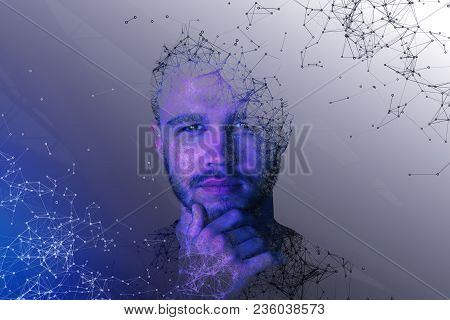 Abstract Polygonal Portrait Of Handsome European Guy. Cyberspace And Future Concept. Double Exposure