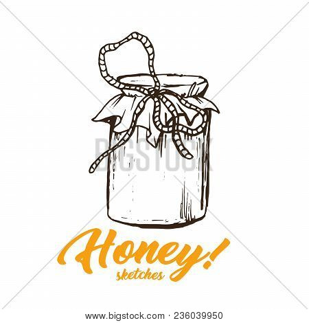 Honey Sketches Glass Bottle, Honey Hand Drawn Superfood Organic Products Design, Vector Illustration