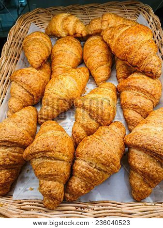 Croissant Delicious. On A Cart In The Bakery Store.
