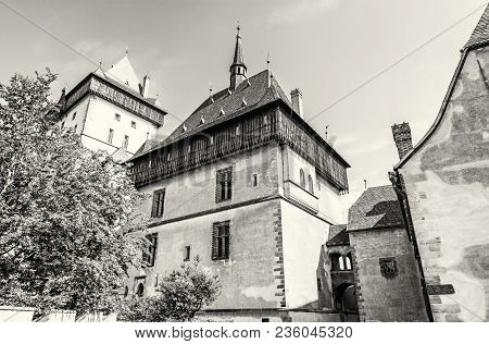 Karlstejn Is A Large Gothic Castle Founded 1348 By Charles Iv In Czech Republic. Ancient Architectur