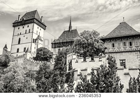 Karlstejn Is A Large Gothic Castle Founded 1348 By Charles Iv In Czech Republic. Ancient Architectur