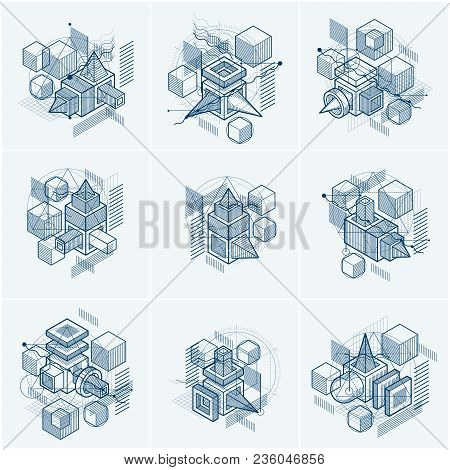 Isometric Abstract Backgrounds With Lines And Other Different Elements, Vector Abstract Templates. C