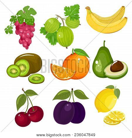 Fruits And Berries In Cartoon Style. Great Set For Your Design. Isolated White Background.