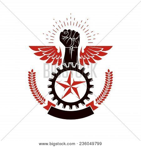 Winged Clenched Fist Of Angry Man Vector Emblem. Power And Authority Conceptual Illustration, Noncon