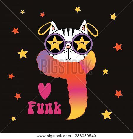 Hand Drawn Vector Portrait Of A Cute Funny Cartoon Cat In Feather Boa, Big Earrings, Funky Glasses, 