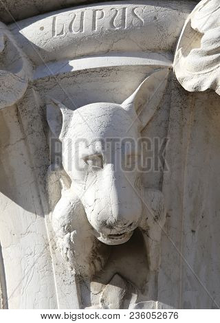 Venice, Italy - July 14, 2016: Detail Of A Statue Of A Wolf In A Column In  Saint Mark Square Near T