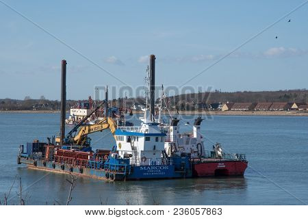 Vordingborg Denmark - April 6. 2018: Marcos A Multipurpose Construction Vessel With A Hydraulic Exca
