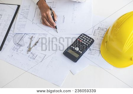 Workplace Items Tools For Project, Architect Or Engineer Working On Blueprint For Architectural Proj