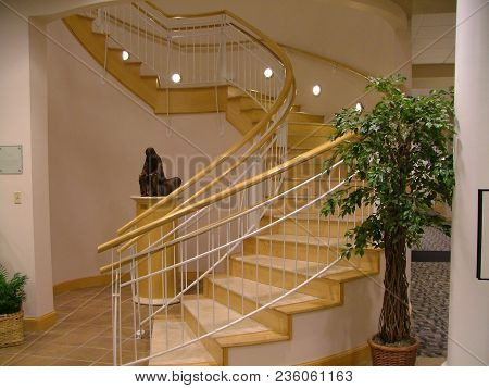 Curved Staircase With Jesus In The Desert Statue Inside Defiance College Serrick Center, Defiance, O