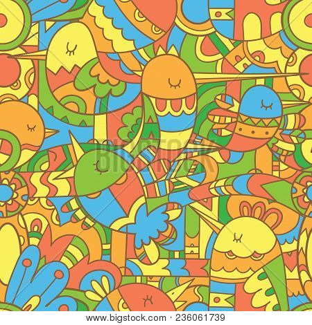 Seamless Abstract Pattern With Cute Cartoon Colorful Birds . Vector Contour Image And  Linear Print.