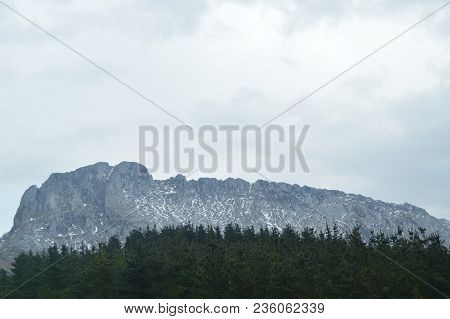 Snowy Mountains Of The Gorbeia National Park Views From Urigoiti Through A Forest Of Fir Trees. Natu