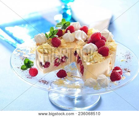 Vanilla And Fresh Raspberry Ice Cream Cake.