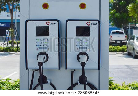 Samut Sakorn Thailand April 14, 2018 :  Electric Vehicle Charger In Ptt Thailand Public Company Limi