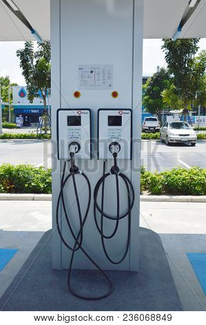 Samut Sakorn Thailand April 14, 2018 :  Electric Vehicle Charger In Ptt Thailand Public Company Limi