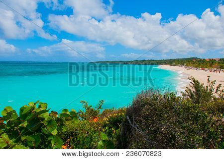 Playa Esmeralda In Holguin, Cuba. The View From The Top Of The Beach. Beautiful Caribbean Sea Turquo