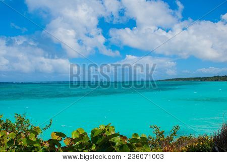 Playa Esmeralda, Holguin, Cuba: Beautiful Landscape With The Caribbean Sea Turquoise And Blue Sky Wi