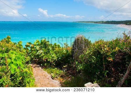 Playa Esmeralda, Holguin, Cuba: Beautiful Landscape With The Caribbean Sea Turquoise And Blue Sky Wi