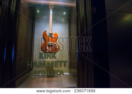 Punta Cana, Dominican Republic - October 29, 2015: Guitar Of Kirk Hammett Exposed In Hard Rock Hotel