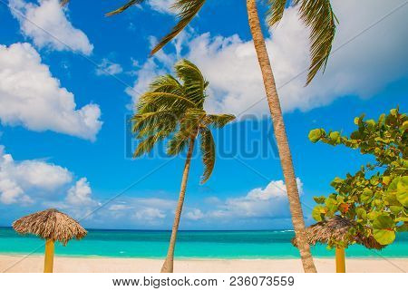 Playa Esmeralda In Holguin, Cuba. Caribbean Sea. Beautiful Paradise Beach: Umbrellas, Sea, Palm Tree