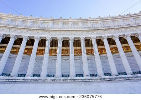A Front View Of Looking Up At The  Victor Emmanual Monument Or Monument Vittorio Emanuele In The Pia