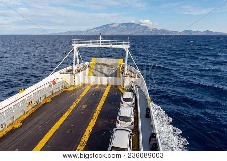 Kefalonia, Greece - September 30, 2017: Rear Side Of A Car Ferry. Cars Parked On Deck. Greece
