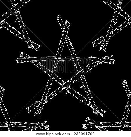 Sticks Pentagram Seamless Pattern, Hand Drawn Magic Occult Star Symbol. Vector Background Illustrati