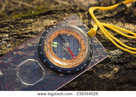 Bright Compass With An Orange Dial Rests On A Log And The Necessary Device For Determining The Corre