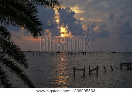 A Sunrise Over The Bay With Pier Destruction In Rockport Texas After Hurricane Harvey