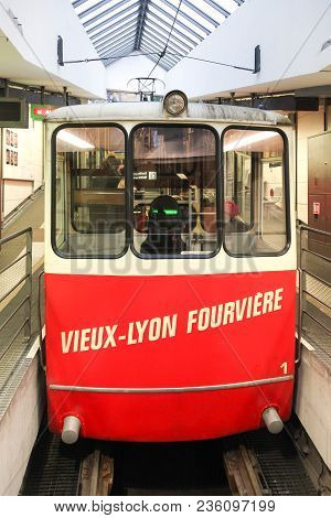 Lyon, France - February 20, 2014: Historic Funicular In Lyon With The Line F2 Saint-jean - Fourviere