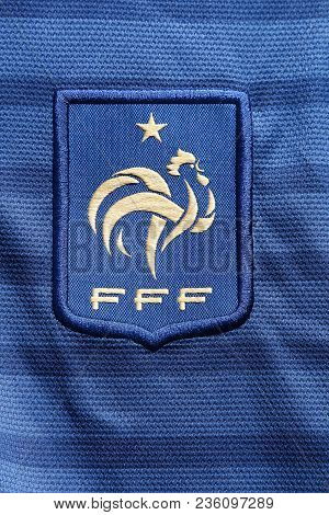 Odder, Denmark - March 26, 2018: Emblem Of The French National Football Team On A Shirt