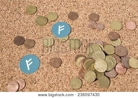 Cryptocurrency Euro Coins And Auroracoin In A Composition