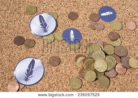 Cryptocurrency Euro Coins And Feathercoin In A Composition