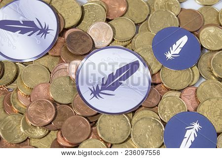 Cryptocurrency Euro Coins And Feathercoin In A Composition