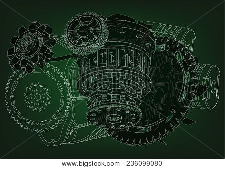 Machine Building Drawing. The Car Engine On A Green Background. 3d