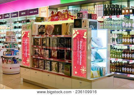 WARSAW, POLAND - CIRCA NOVEMBER, 2017: inside Aelia Duty Free store at Warsaw Chopin Airport.