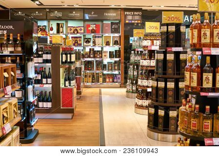 WARSAW, POLAND - CIRCA NOVEMBER, 2017: alcohol on display inside Aelia Duty Free store at Warsaw Chopin Airport.