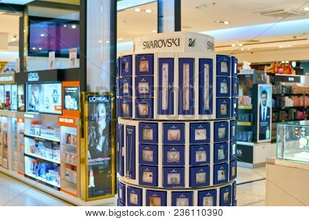 WARSAW, POLAND - CIRCA NOVEMBER, 2017: Swarovski on display Aelia Duty Free store at Warsaw Chopin Airport.