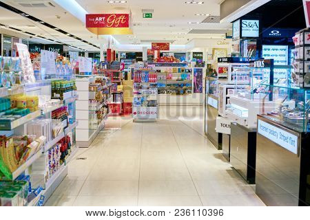 WARSAW, POLAND - CIRCA NOVEMBER, 2017: inside Aelia Duty Free store at Warsaw Chopin Airport.