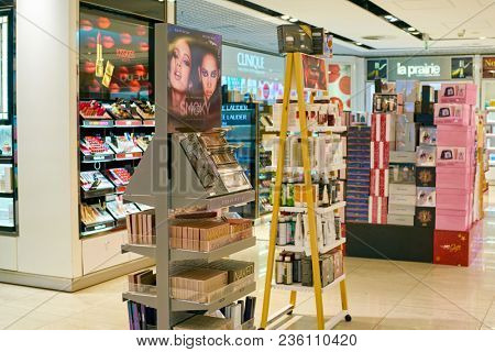 WARSAW, POLAND - CIRCA NOVEMBER, 2017: inside Aelia Duty Free store at Warsaw Chopin Airport.