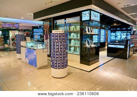 WARSAW, POLAND - CIRCA NOVEMBER, 2017: inside Aelia Duty Free store at Warsaw Chopin Airport.