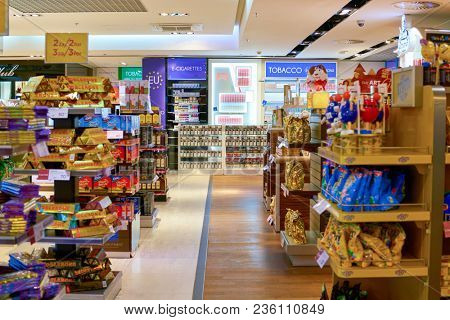 WARSAW, POLAND - CIRCA NOVEMBER, 2017: inside Aelia Duty Free store at Warsaw Chopin Airport.