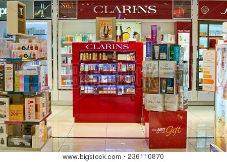 WARSAW, POLAND - CIRCA NOVEMBER, 2017: cosmetics on display in Duty Free store at Warsaw Chopin Airport.