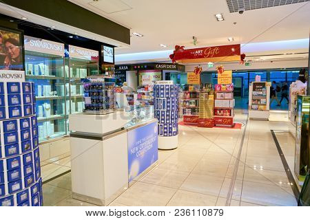 WARSAW, POLAND - CIRCA NOVEMBER, 2017: inside Aelia Duty Free store at Warsaw Chopin Airport.