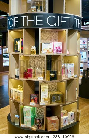 WARSAW, POLAND - CIRCA NOVEMBER, 2017: perfumes on display in Duty Free store at Warsaw Chopin Airport.