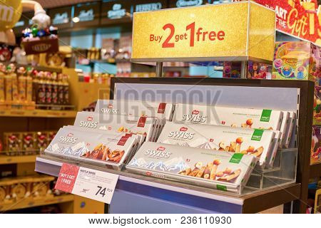 WARSAW, POLAND - CIRCA NOVEMBER, 2017: chocolate on display inside Aelia Duty Free store at Warsaw Chopin Airport.