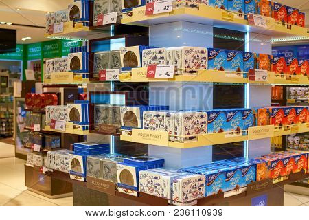 WARSAW, POLAND - CIRCA NOVEMBER, 2017: chocolate on display inside Aelia Duty Free store at Warsaw Chopin Airport.