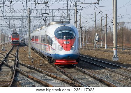 Leningrad Region, Russia - April 09, 2018: Modern High-speed Train Evs1-16 