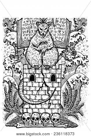 Rat Symbol. Scary Rat Sitting On Tower With Book And Mystic Signs. Fantasy Vector Illustration For T