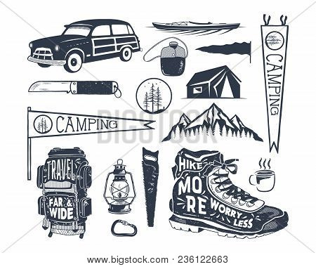 Vintage Hand Drawn Adventure Symbols, Hiking, Camping Shapes Of Backpack, Pennant, Kayak, Surf Car, 