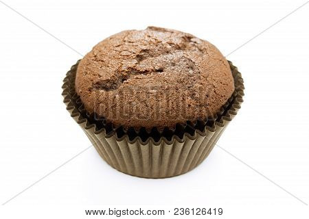 One Chocolate Cake Cupcake In Brown Paper Case Isolated On White Background